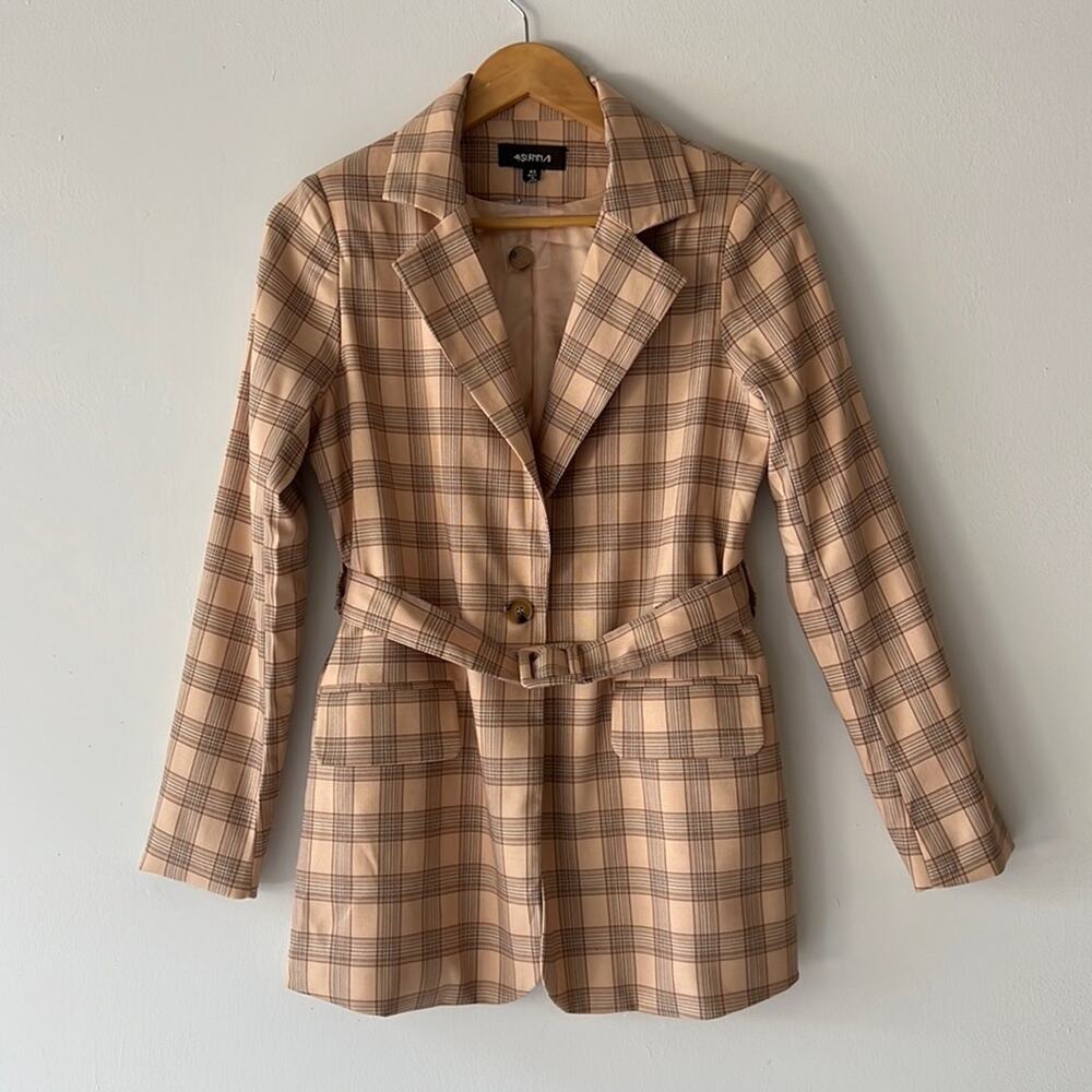 4 Sienna Plaid Belted Blazer in Light Tan Peach Color Size XS